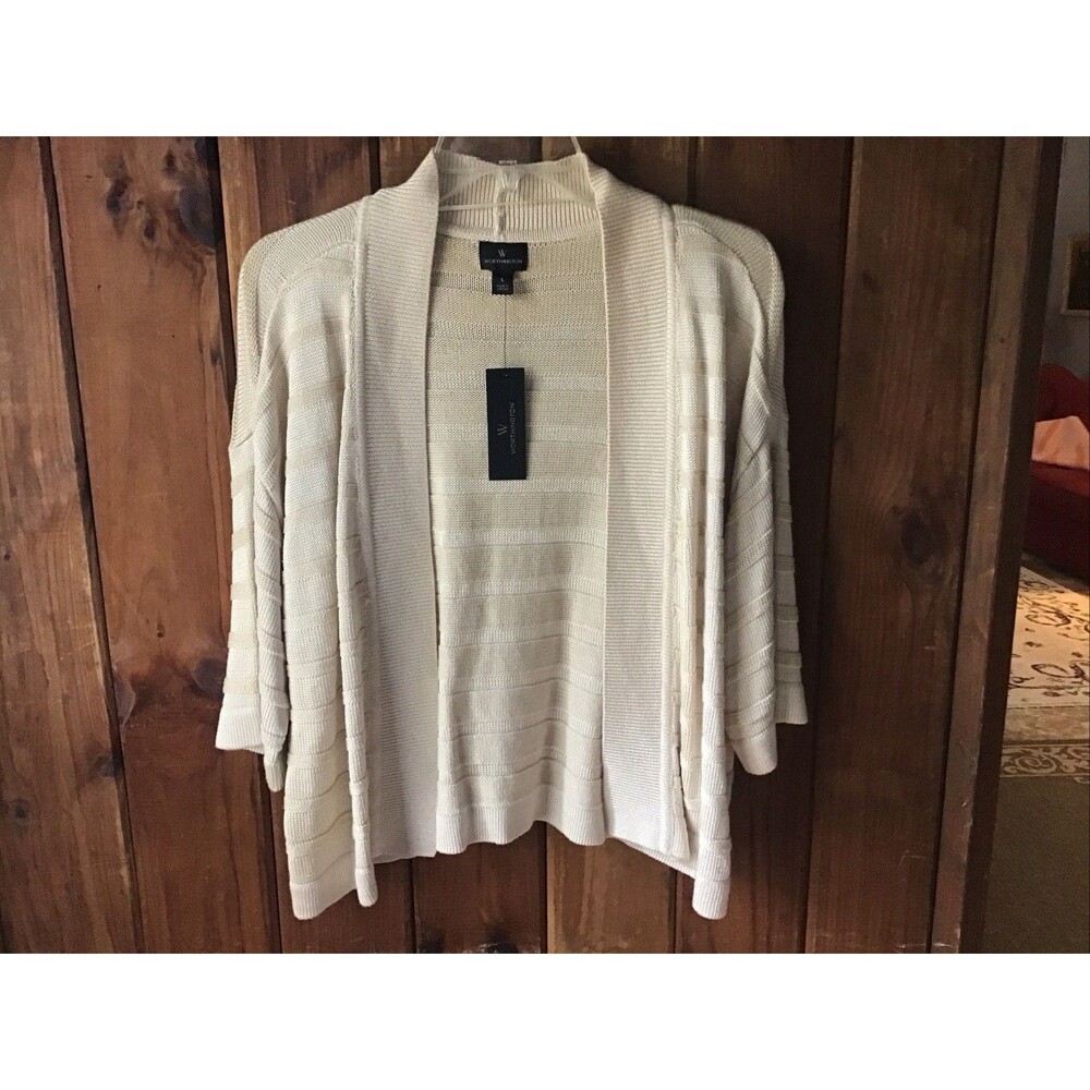 Worthington Gold Open Front Cardigan Size L 3/4 Sleeve Rib Knit